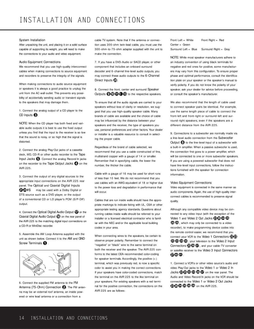 Harman-Kardon AVR 225 owner manual Installation and Connections 