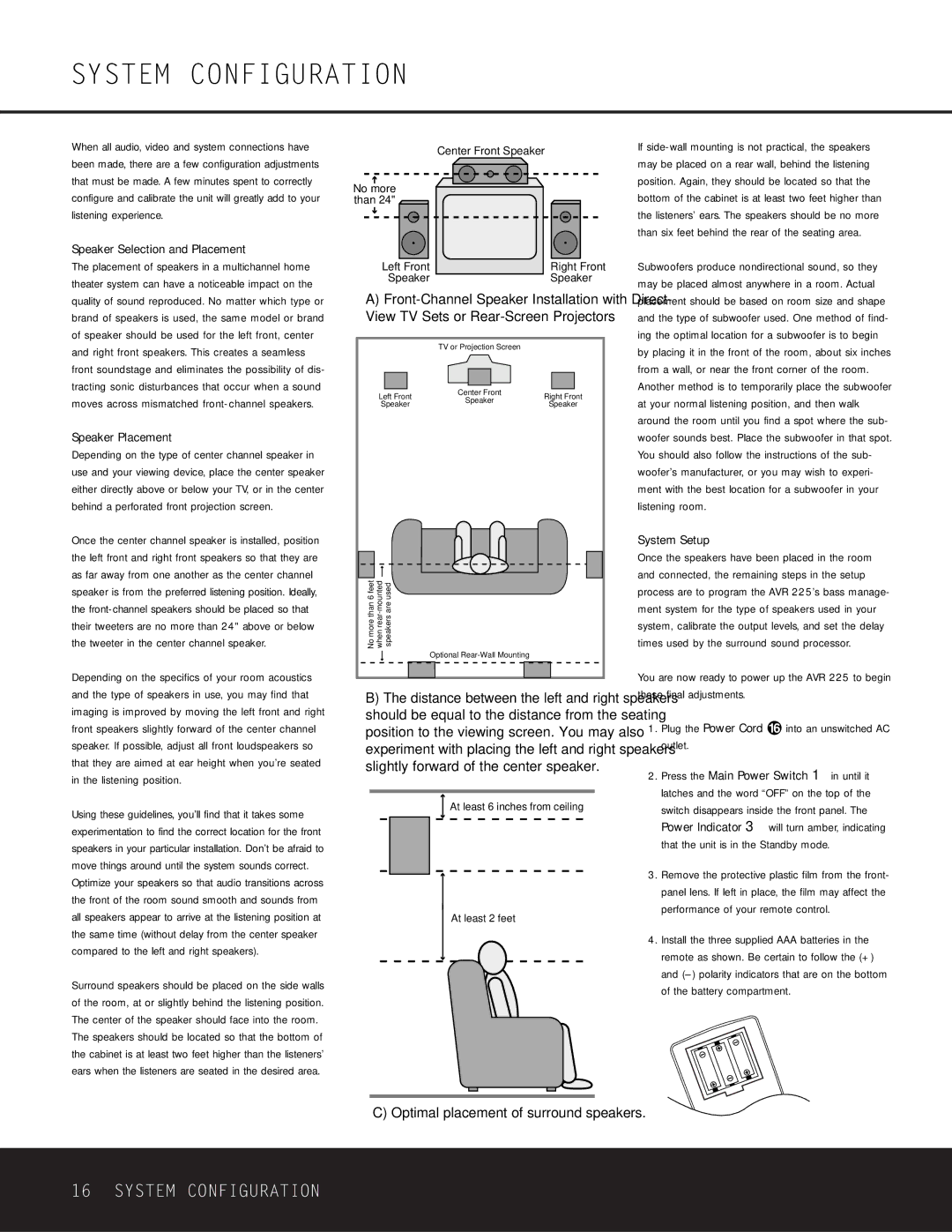 Harman-Kardon AVR 225 owner manual System Configuration, Speaker Placement 