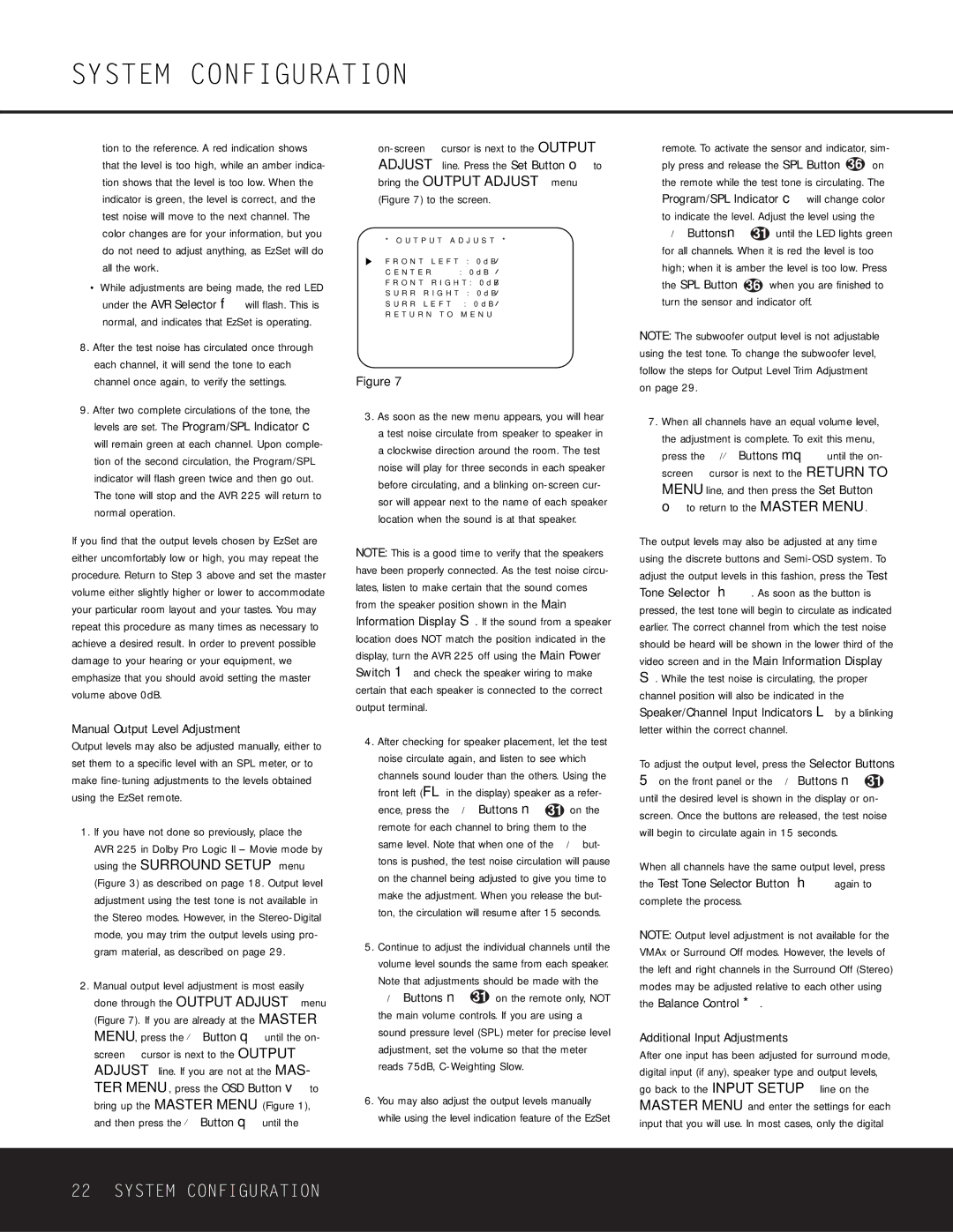 Harman-Kardon AVR 225 owner manual Manual Output Level Adjustment, To adjust the output level, press the Selector Buttons 