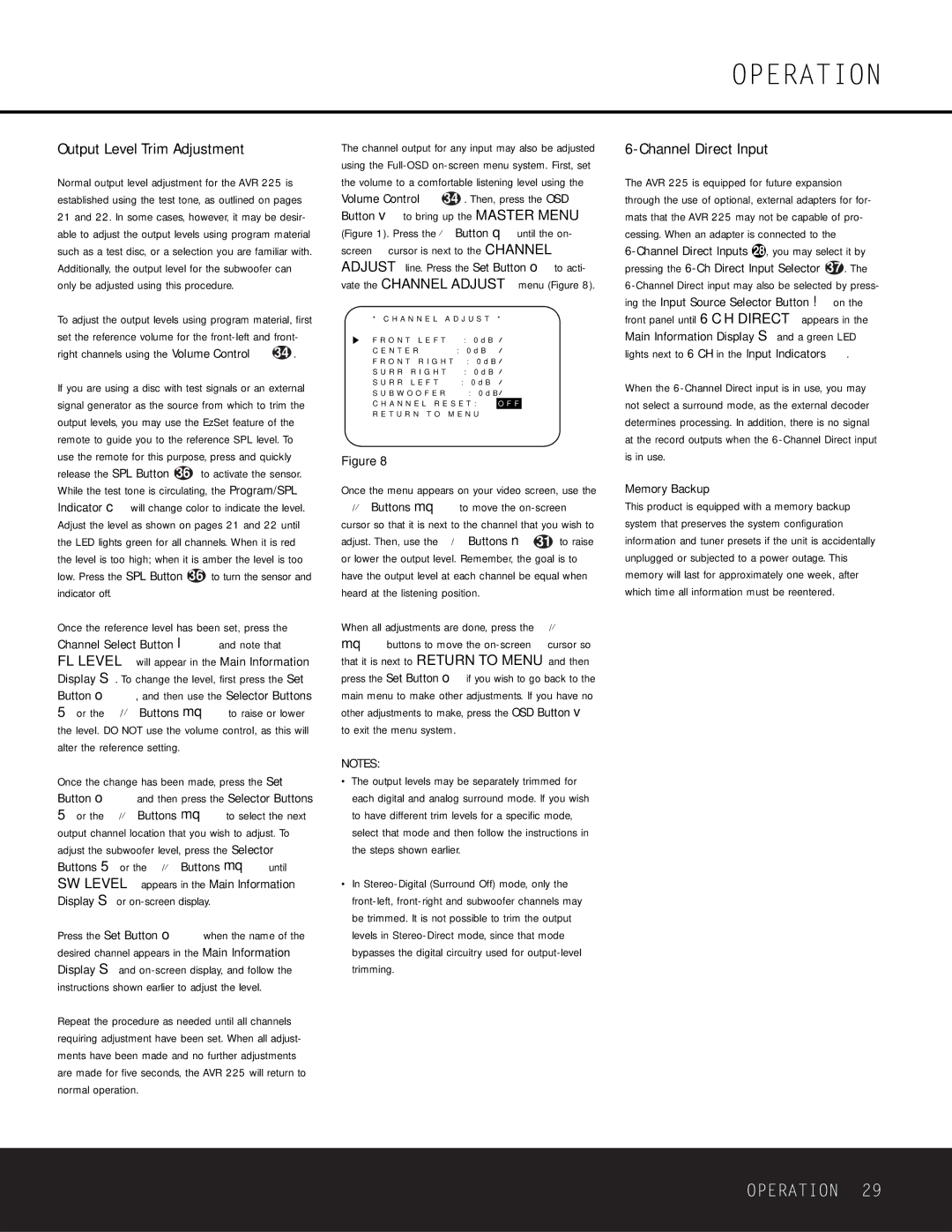 Harman-Kardon AVR 225 owner manual Output Level Trim Adjustment, Channel Direct Input, Memory Backup 