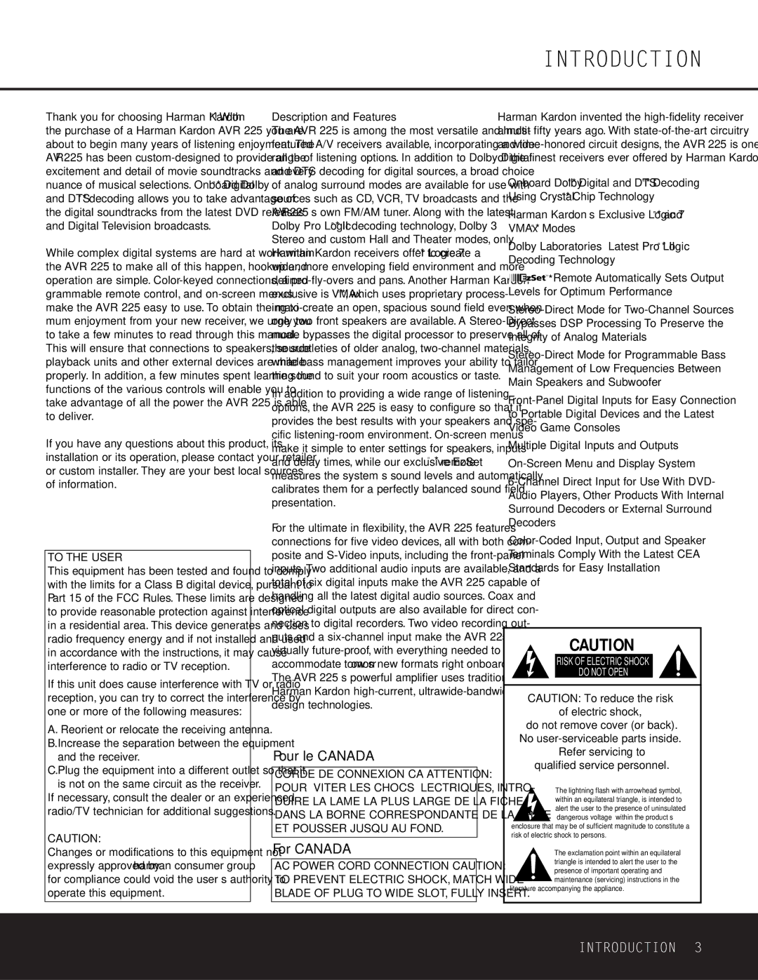 Harman-Kardon AVR 225 owner manual Introduction, Pour le Canada, For Canada, To the User, Corde DE Connexion CA Attention 