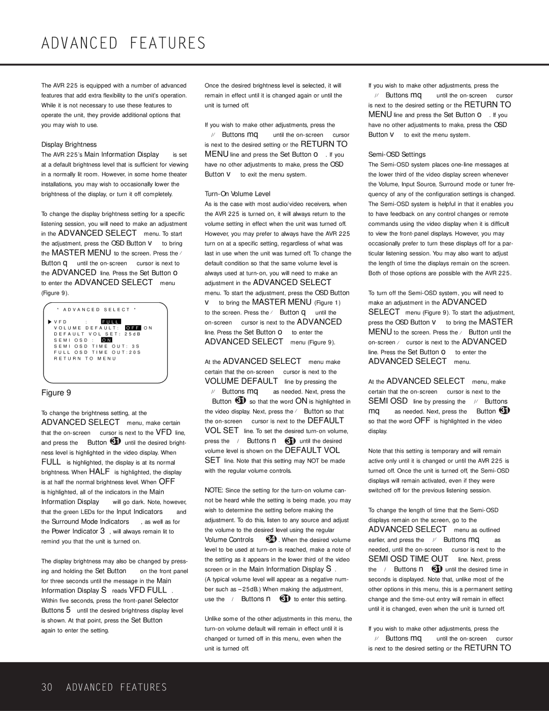 Harman-Kardon AVR 225 owner manual Advanced Features, If you wish to make other adjustments, press 