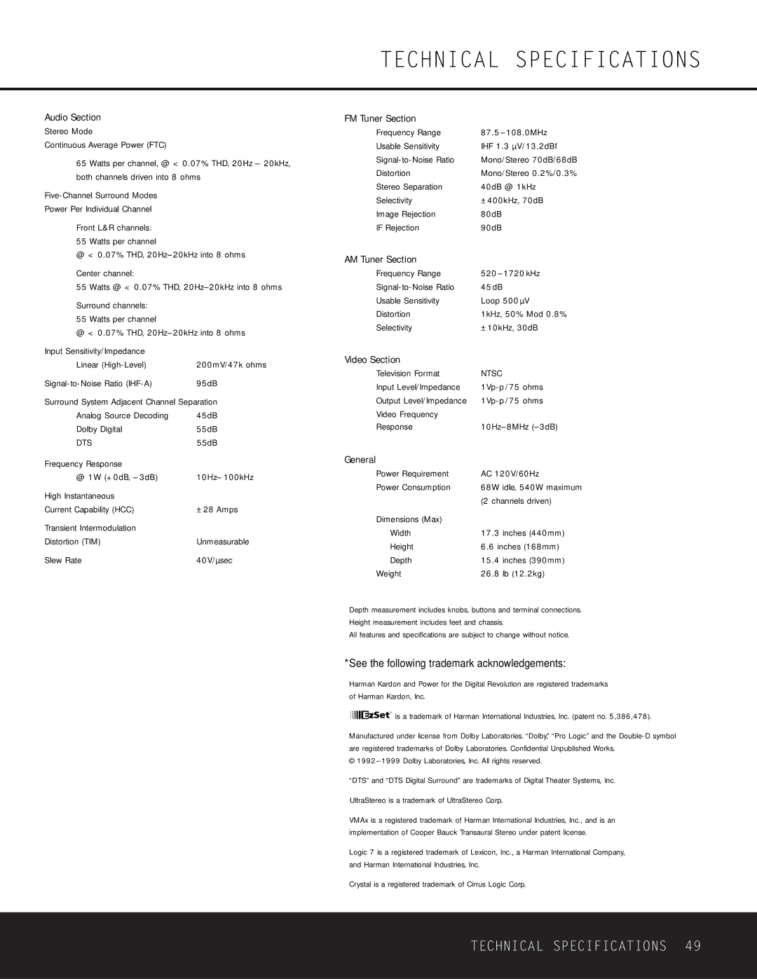 Harman-Kardon AVR 225 owner manual Technical Specifications, Ntsc 