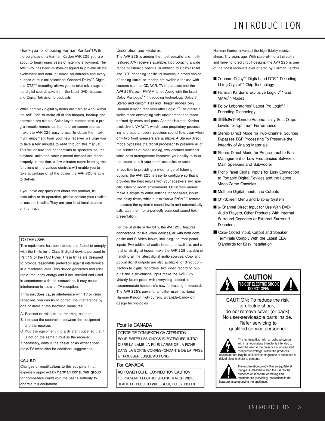 Harman-Kardon AVR 225 owner manual Introduction, Pour le CANADA, For CANADA, Risk Of Electric Shock Do Not Open 