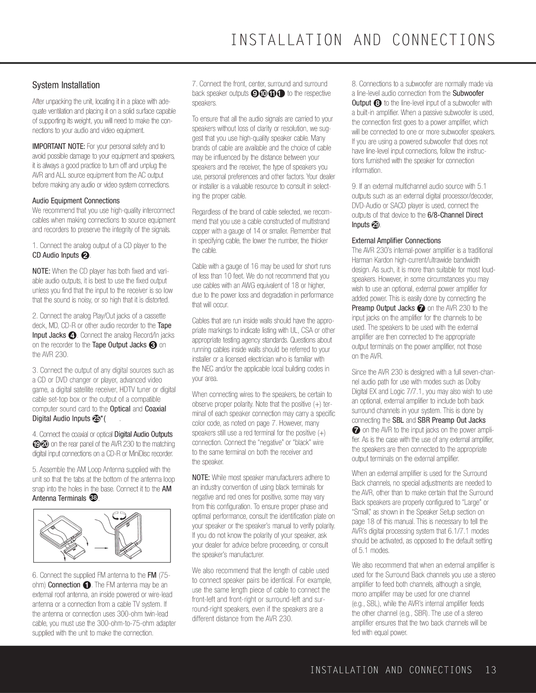 Harman-Kardon AVR 230 owner manual Installation and Connections, System Installation 