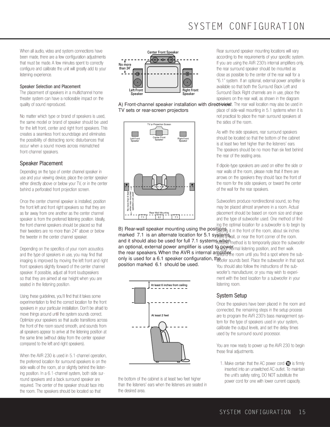 Harman-Kardon AVR 230 owner manual System Configuration, Speaker Placement, System Setup, Speaker Selection and Placement 