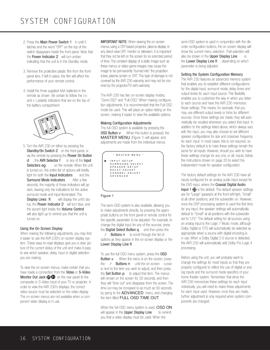 Harman-Kardon AVR 230 owner manual Using the On-Screen Display, Making Configuration Adjustments 