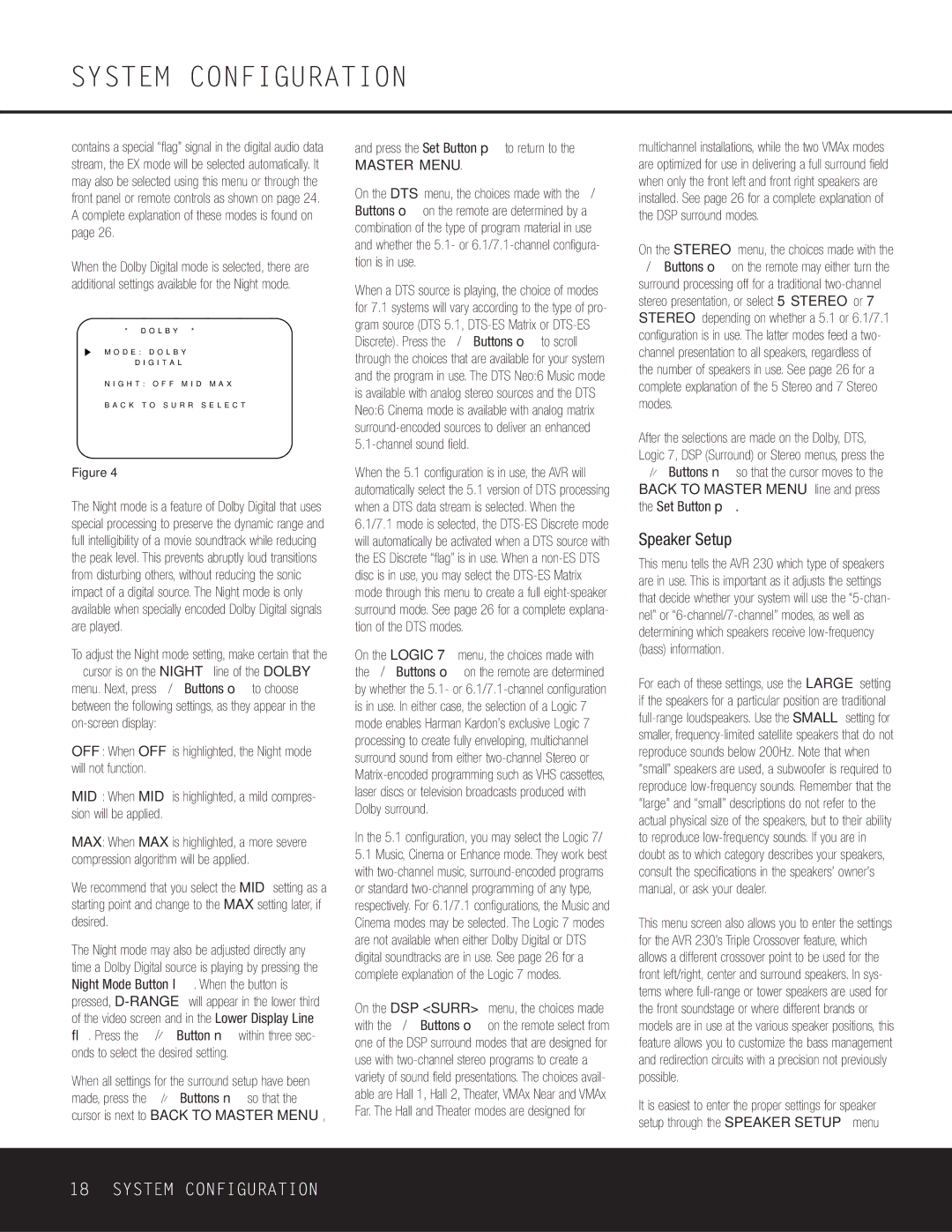 Harman-Kardon AVR 230 owner manual Speaker Setup, Press the Set Button p to return to 