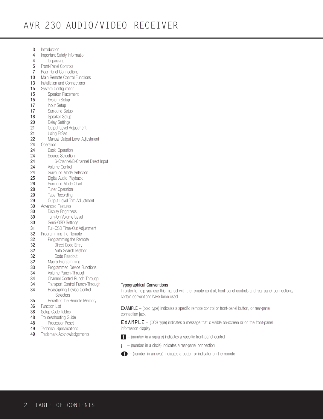 Harman-Kardon owner manual AVR 230 AUDIO/VIDEO Receiver, Table of Contents 