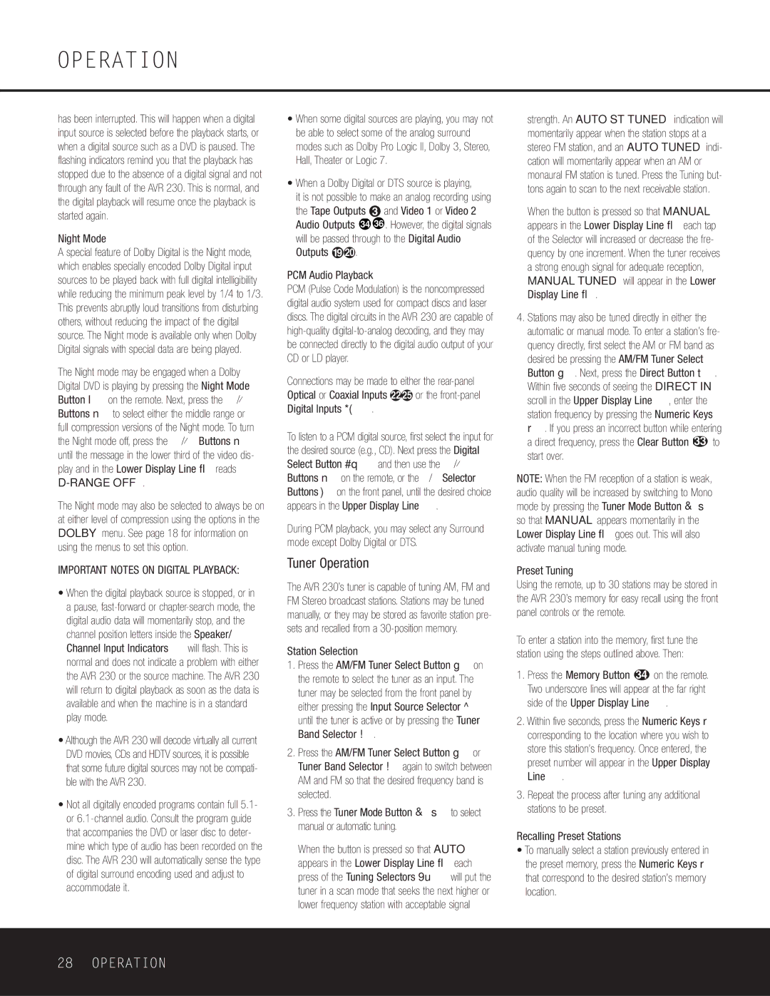 Harman-Kardon AVR 230 owner manual Tuner Operation, Range OFF 