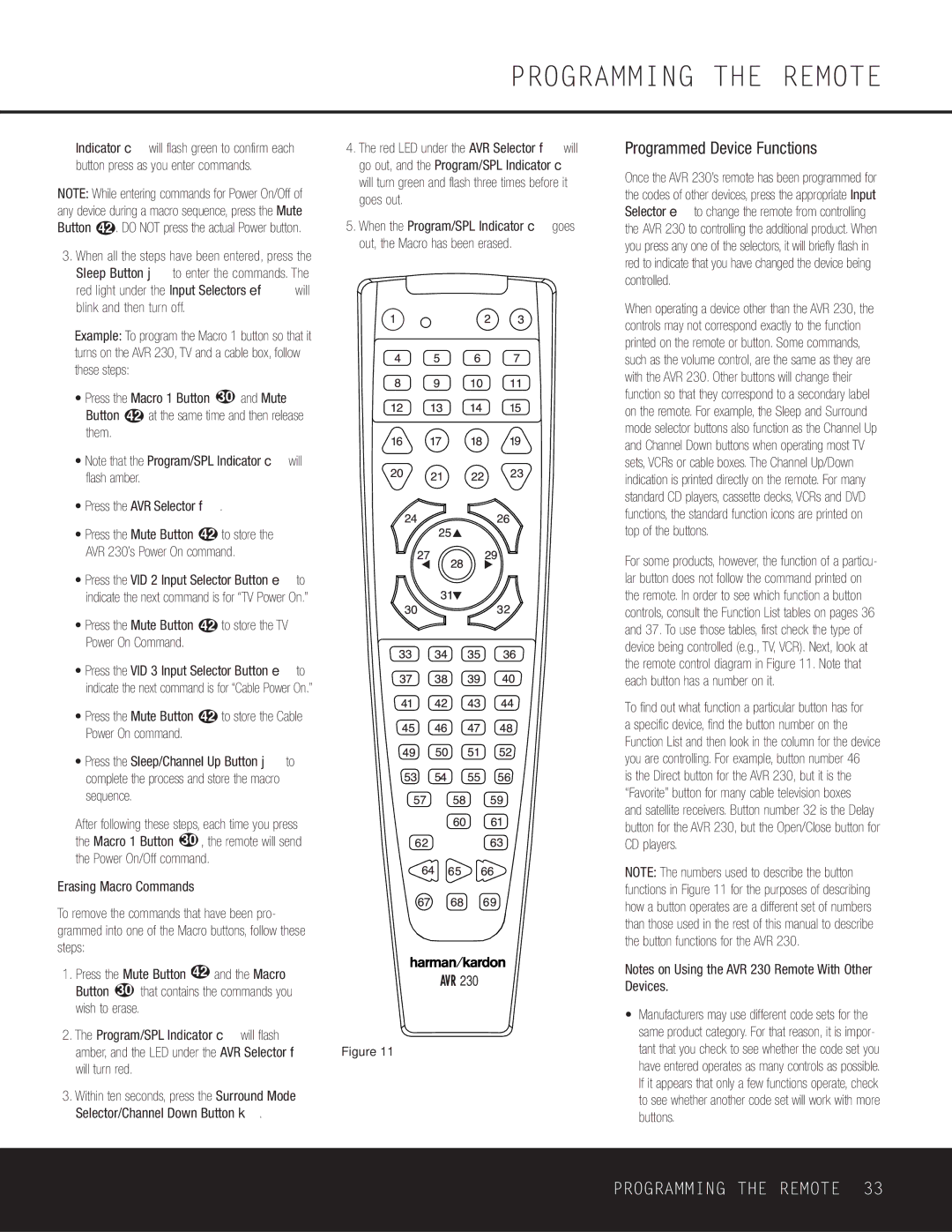 Harman-Kardon AVR 230 owner manual Programmed Device Functions, Press the Mute Button 42 to store the TV Power On Command 