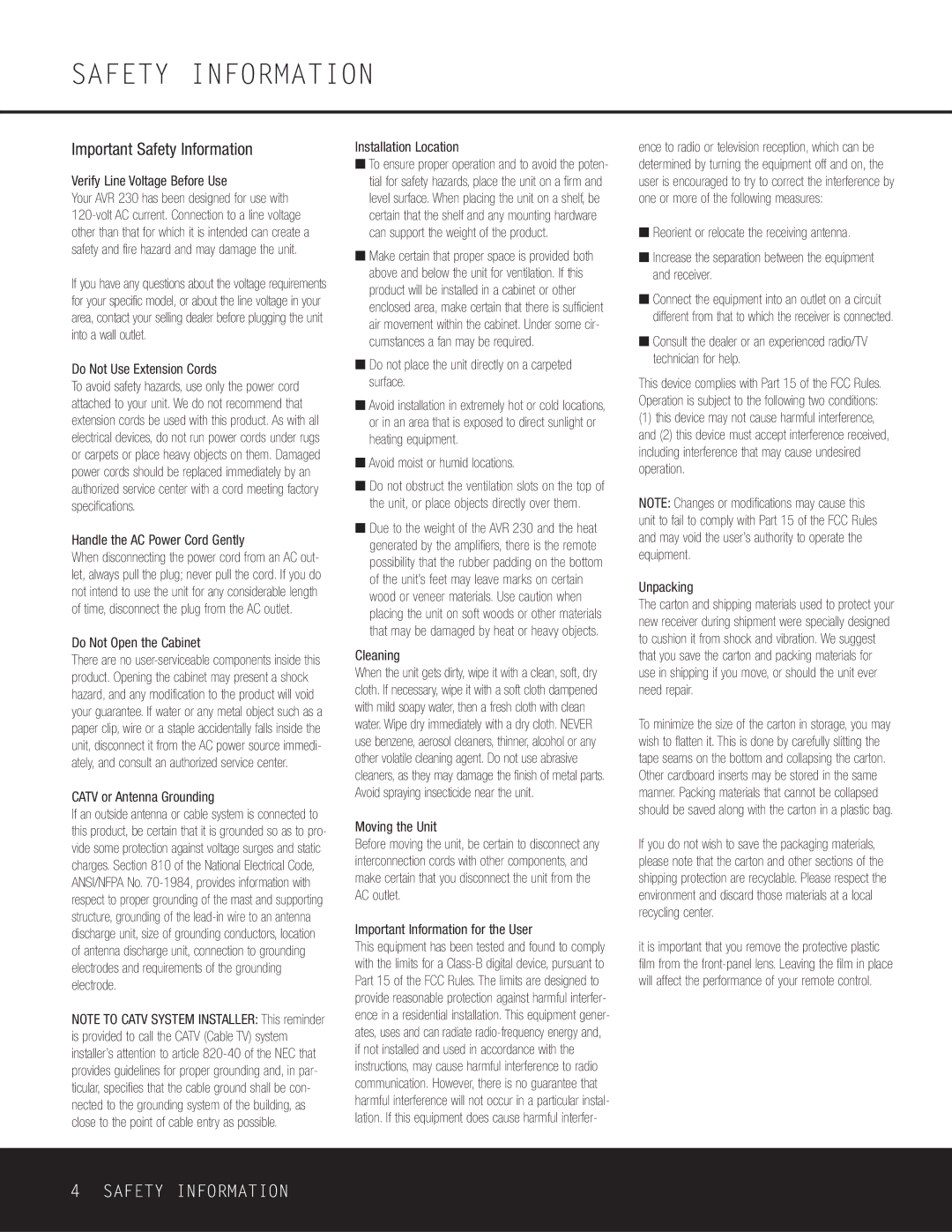 Harman-Kardon AVR 230 owner manual Important Safety Information 