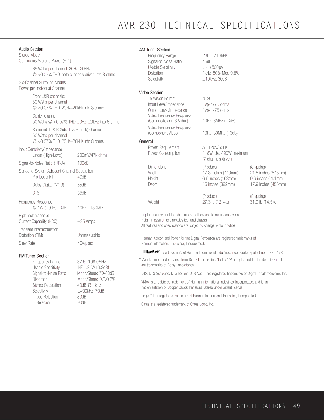 Harman-Kardon owner manual AVR 230 Technical Specifications, Ntsc 