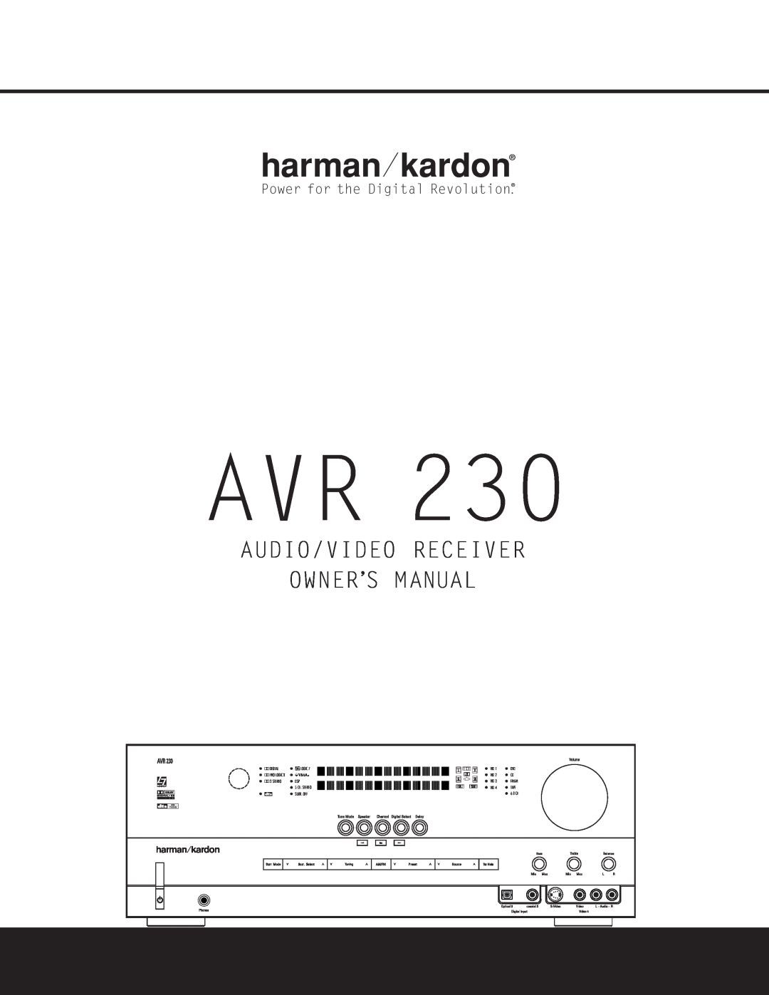 Harman-Kardon AVR 230 owner manual Audio/Video Receiver Owner’S Manual, Power for the Digital Revolution, Pro Logic 