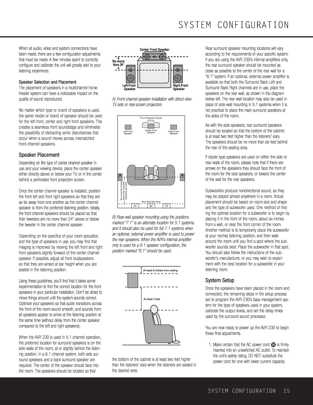 Harman-Kardon AVR 230 owner manual System Configuration, Speaker Placement, System Setup 