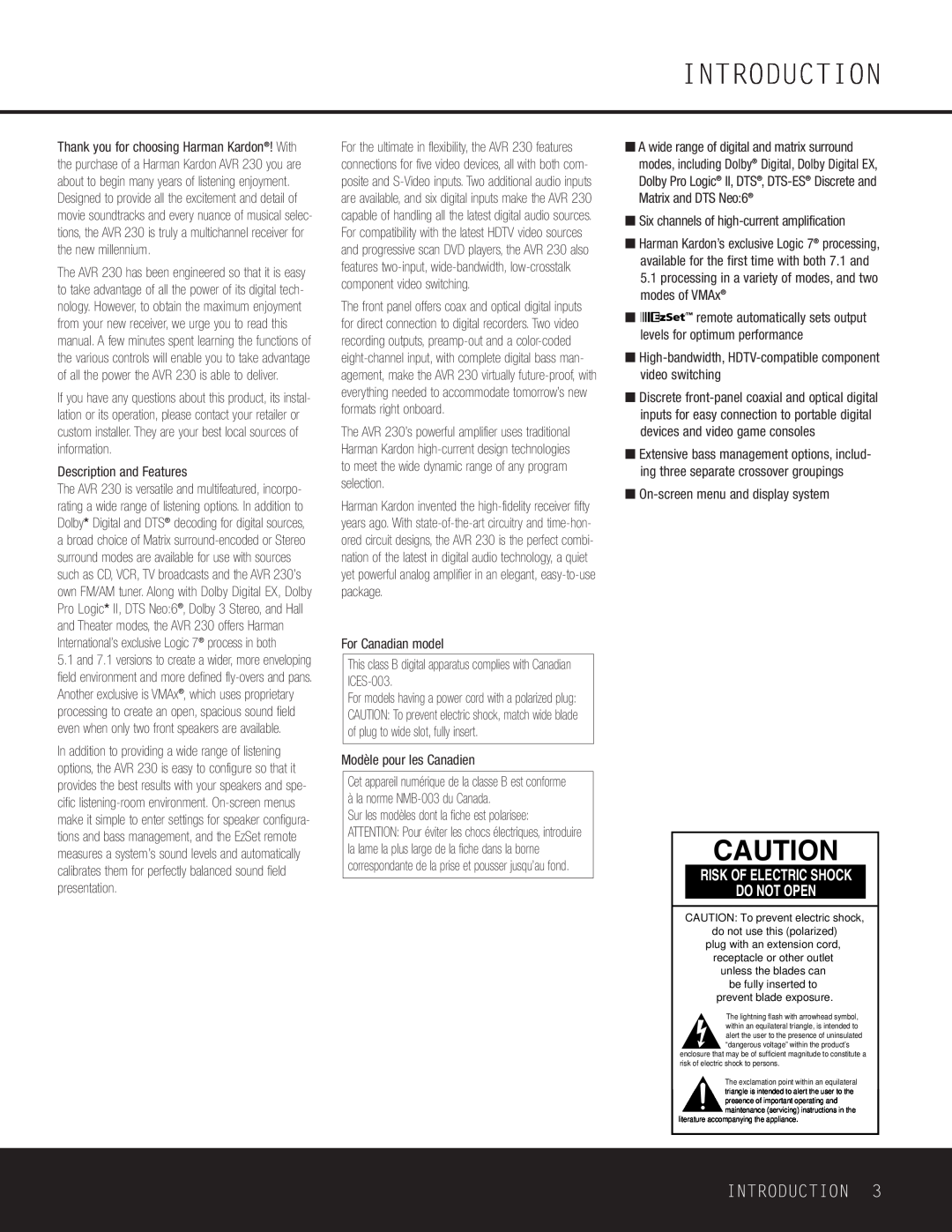 Harman-Kardon AVR 230 owner manual Introduction, Risk Of Electric Shock Do Not Open 