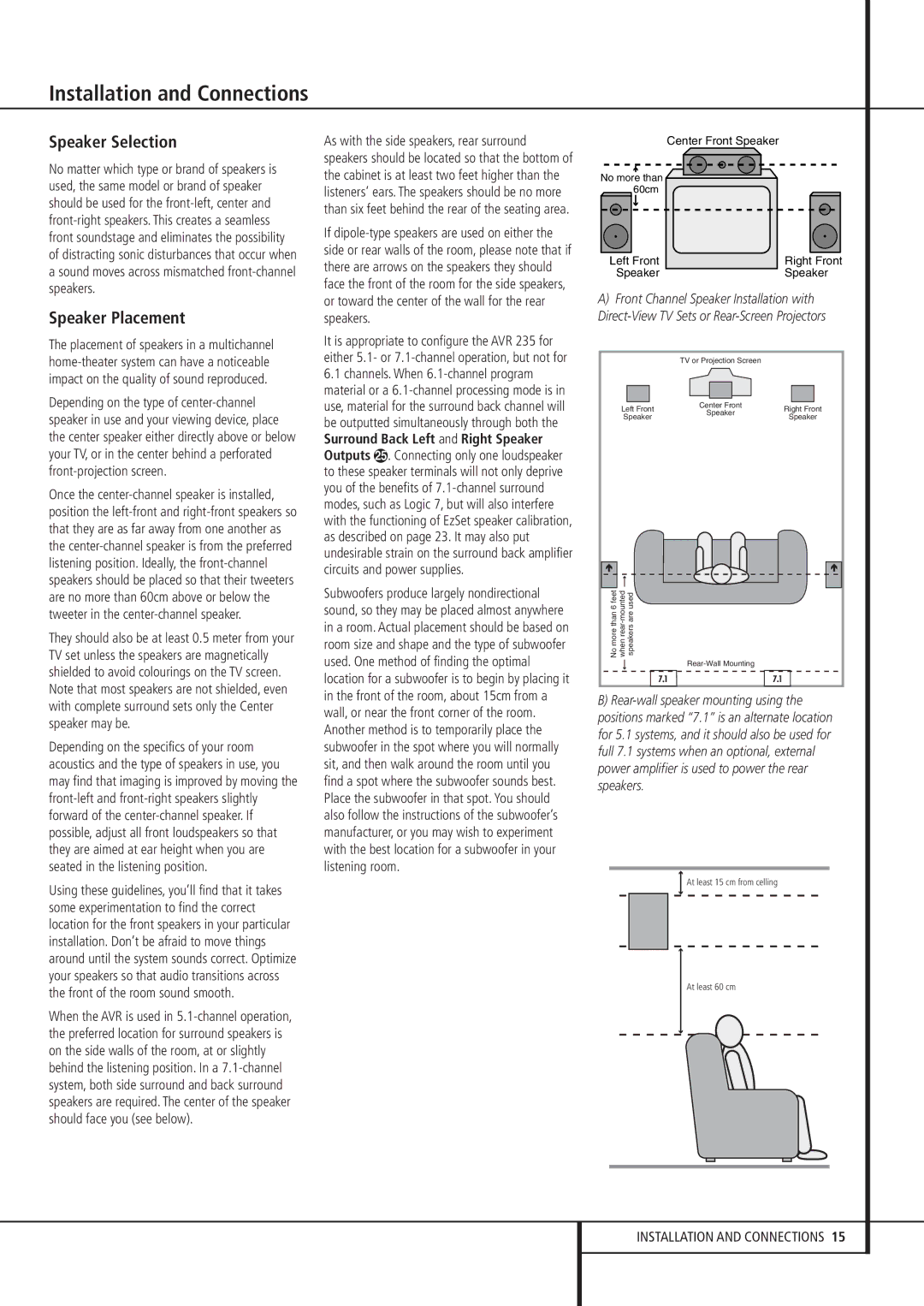 Harman-Kardon AVR 235 owner manual Speaker Selection, Speaker Placement 