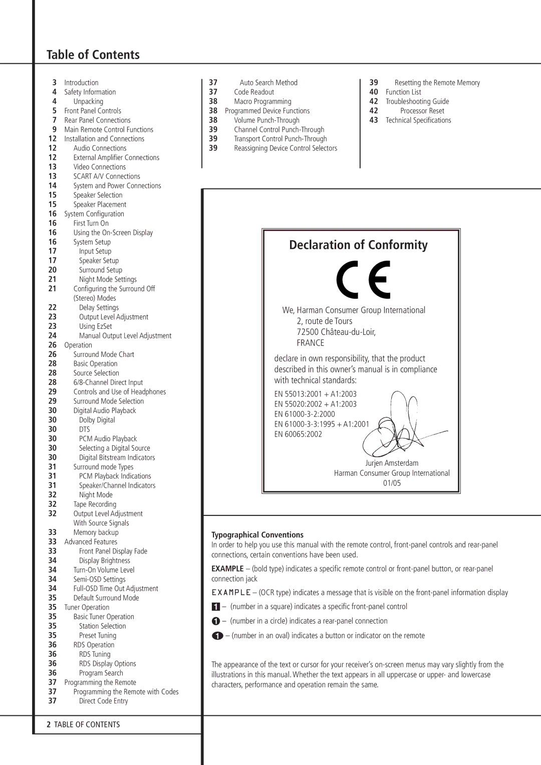 Harman-Kardon AVR 235 owner manual Table of Contents, Declaration of Conformity 