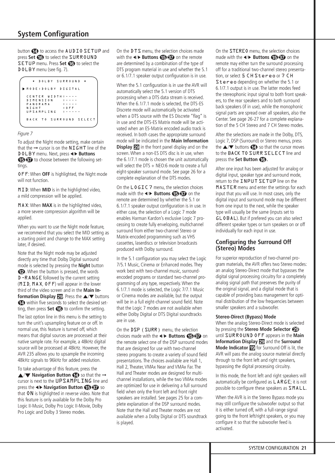 Harman-Kardon AVR 235 owner manual Configuring the Surround Off Stereo Modes, Stereo-Direct Bypass Mode 