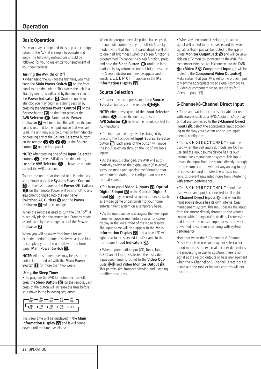 Harman-Kardon AVR 235 owner manual Basic Operation, Source Selection, Channel/8-Channel Direct Input 