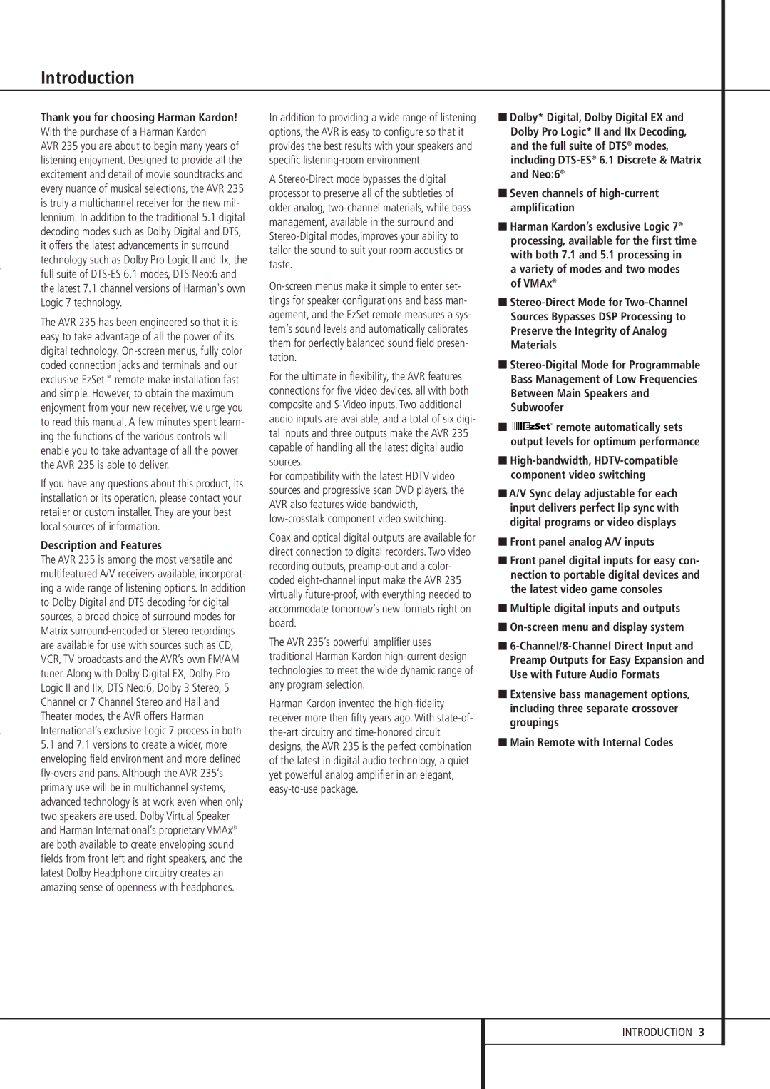 Harman-Kardon AVR 235 owner manual Introduction, Description and Features, Front panel analog A/V inputs 