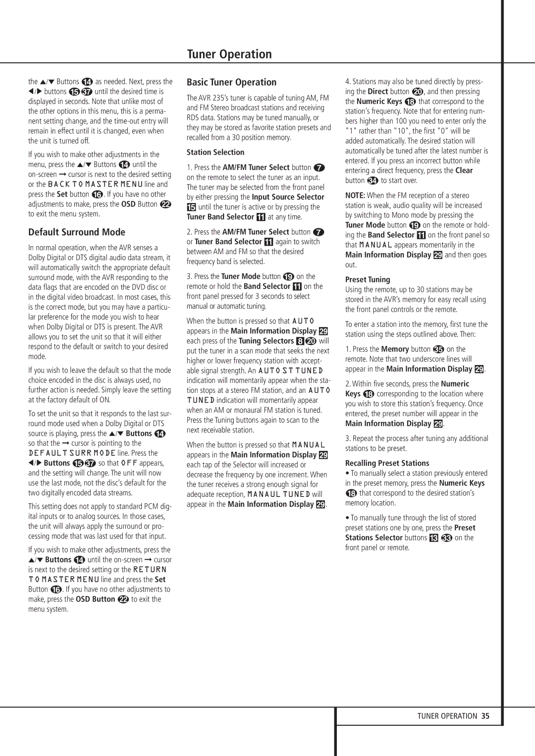 Harman-Kardon AVR 235 owner manual Default Surround Mode, Basic Tuner Operation 