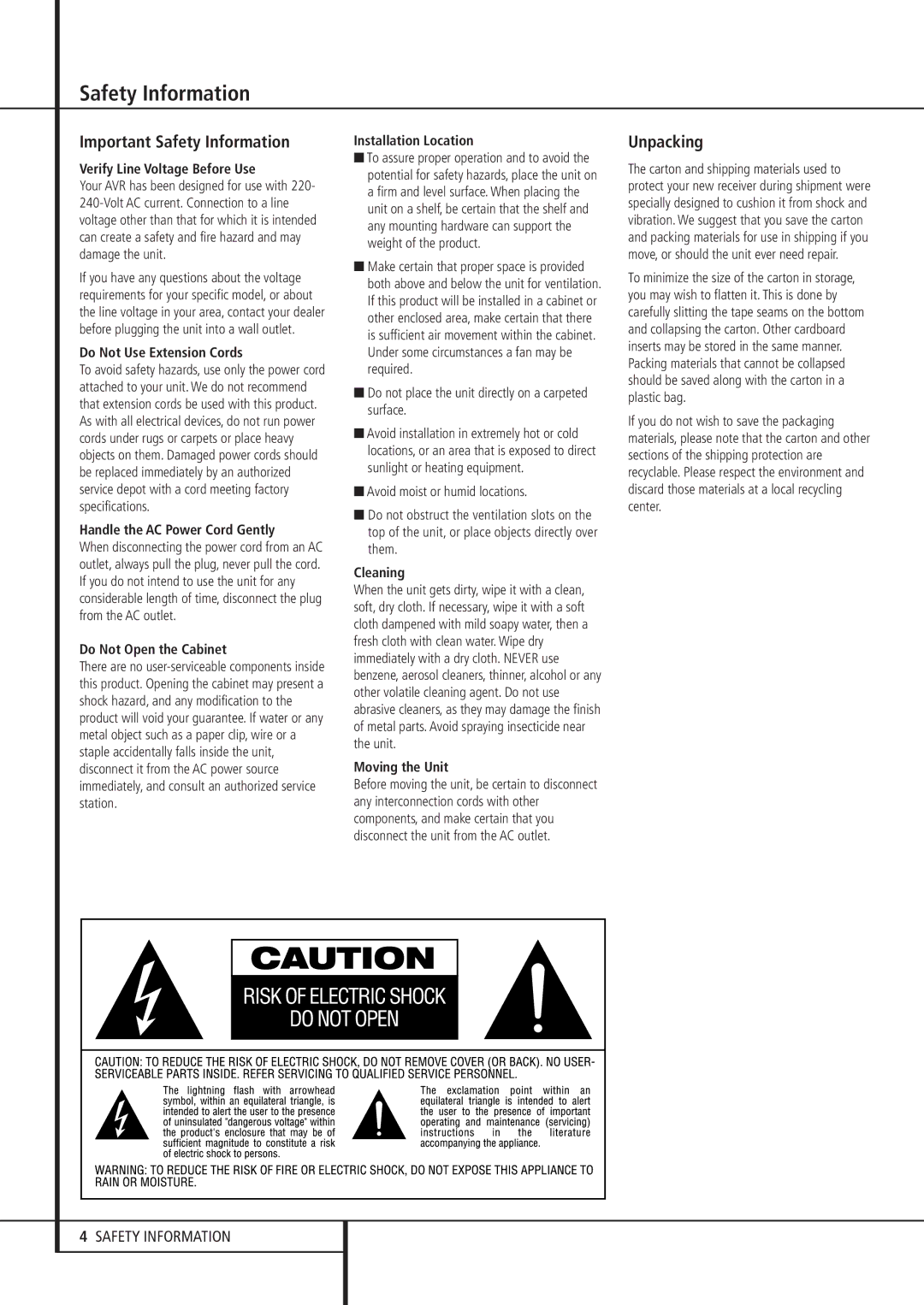 Harman-Kardon AVR 235 owner manual Important Safety Information, Unpacking 