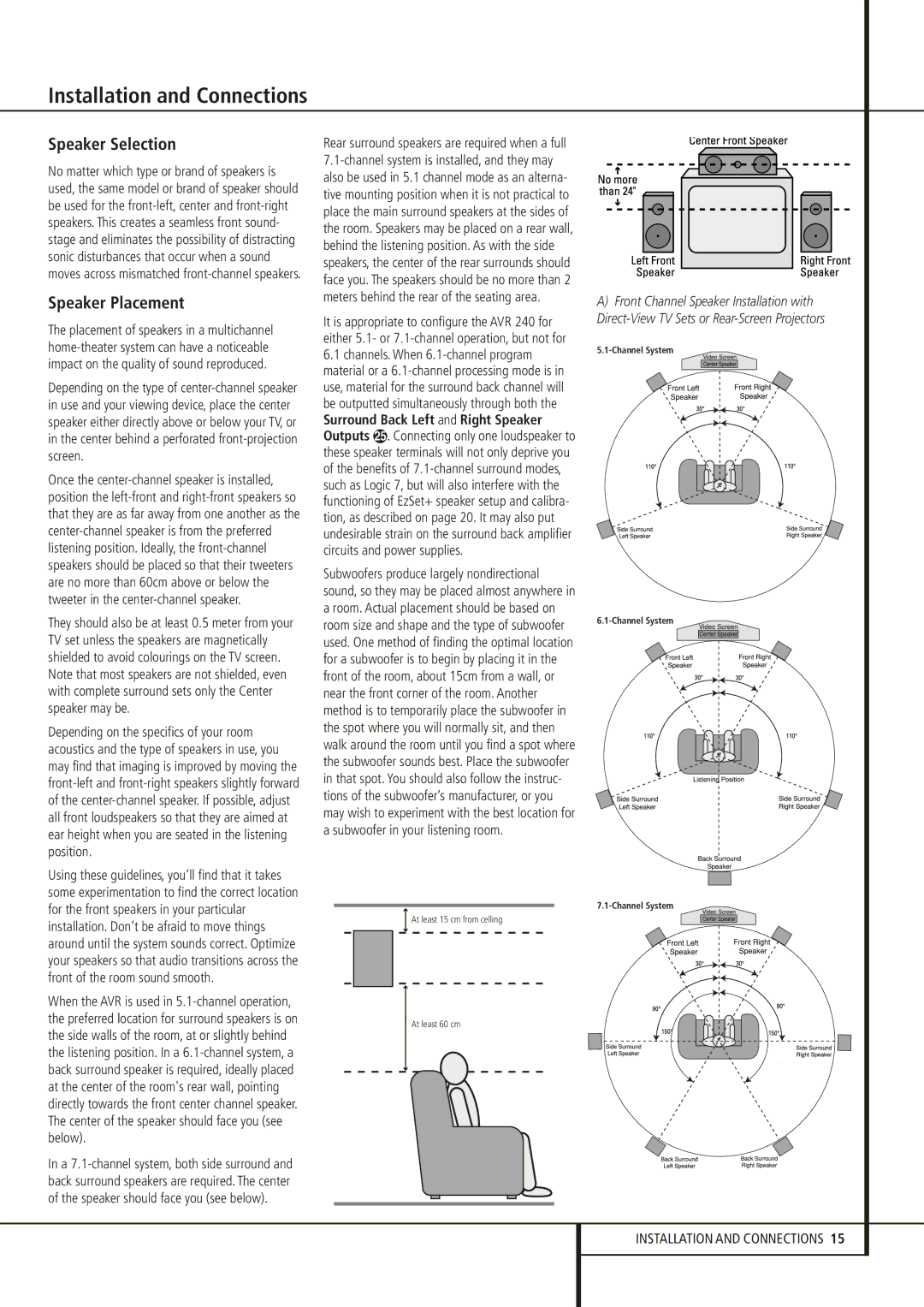 Harman-Kardon AVR 240 owner manual Speaker Selection, Speaker Placement 