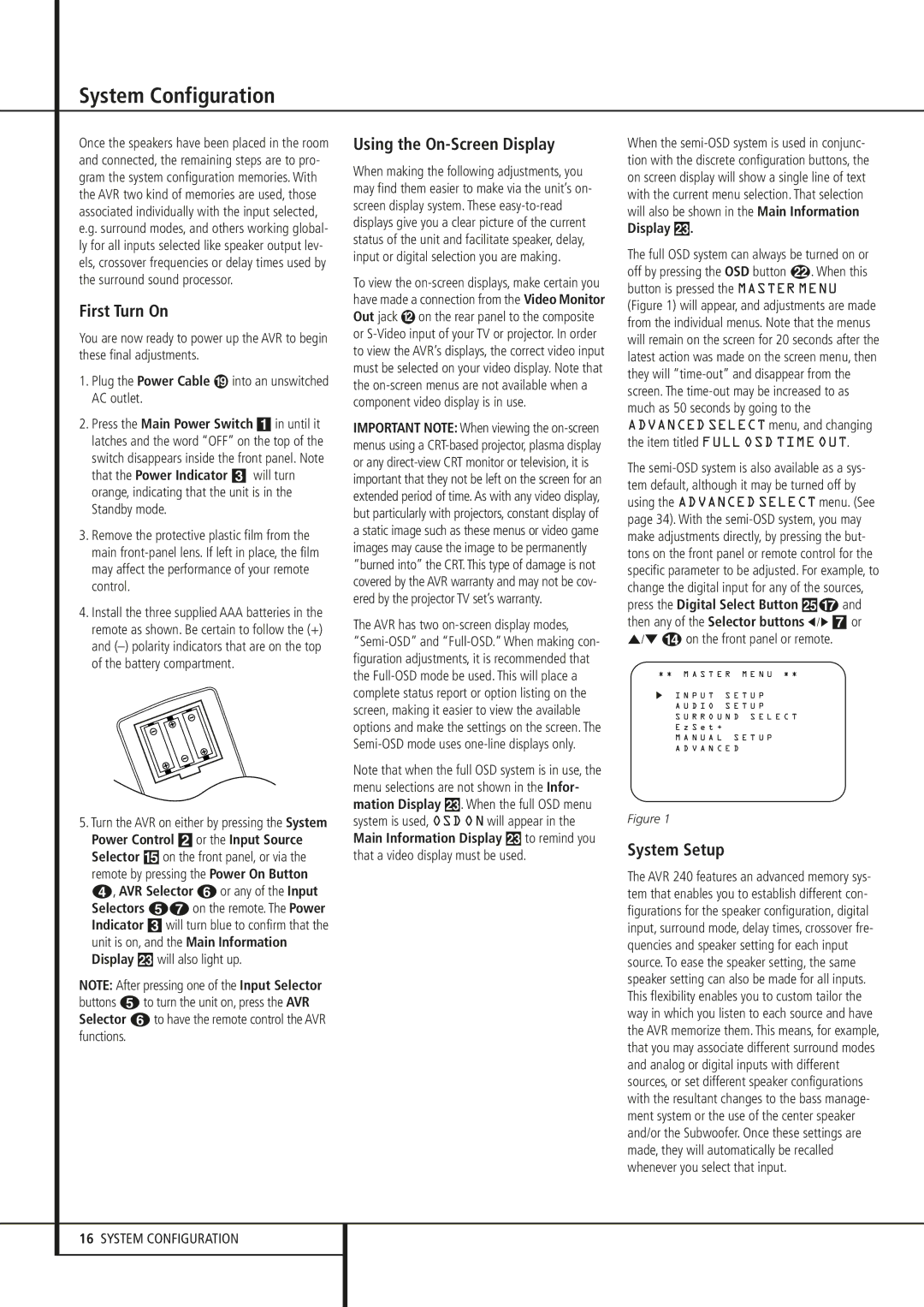 Harman-Kardon AVR 240 System Configuration, First Turn On, Using the On-Screen Display, System Setup, Display Ò 