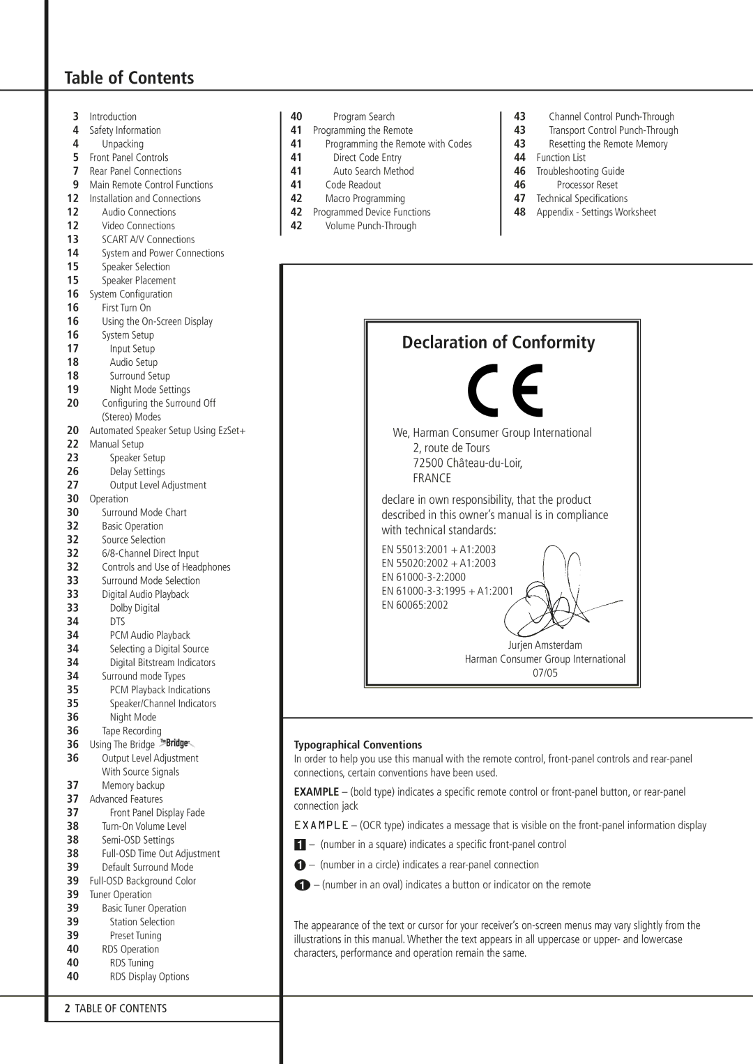 Harman-Kardon AVR 240 owner manual Table of Contents, Declaration of Conformity 