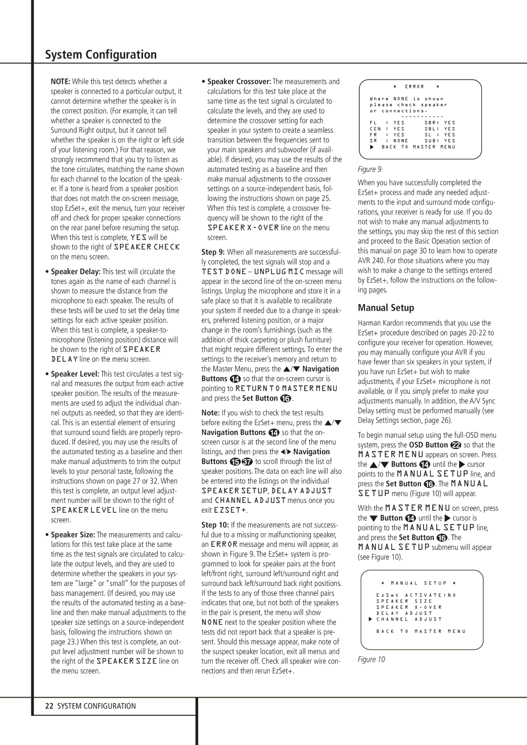 Harman-Kardon AVR 240 owner manual Manual Setup, Speaker X-OVER line on the menu screen 