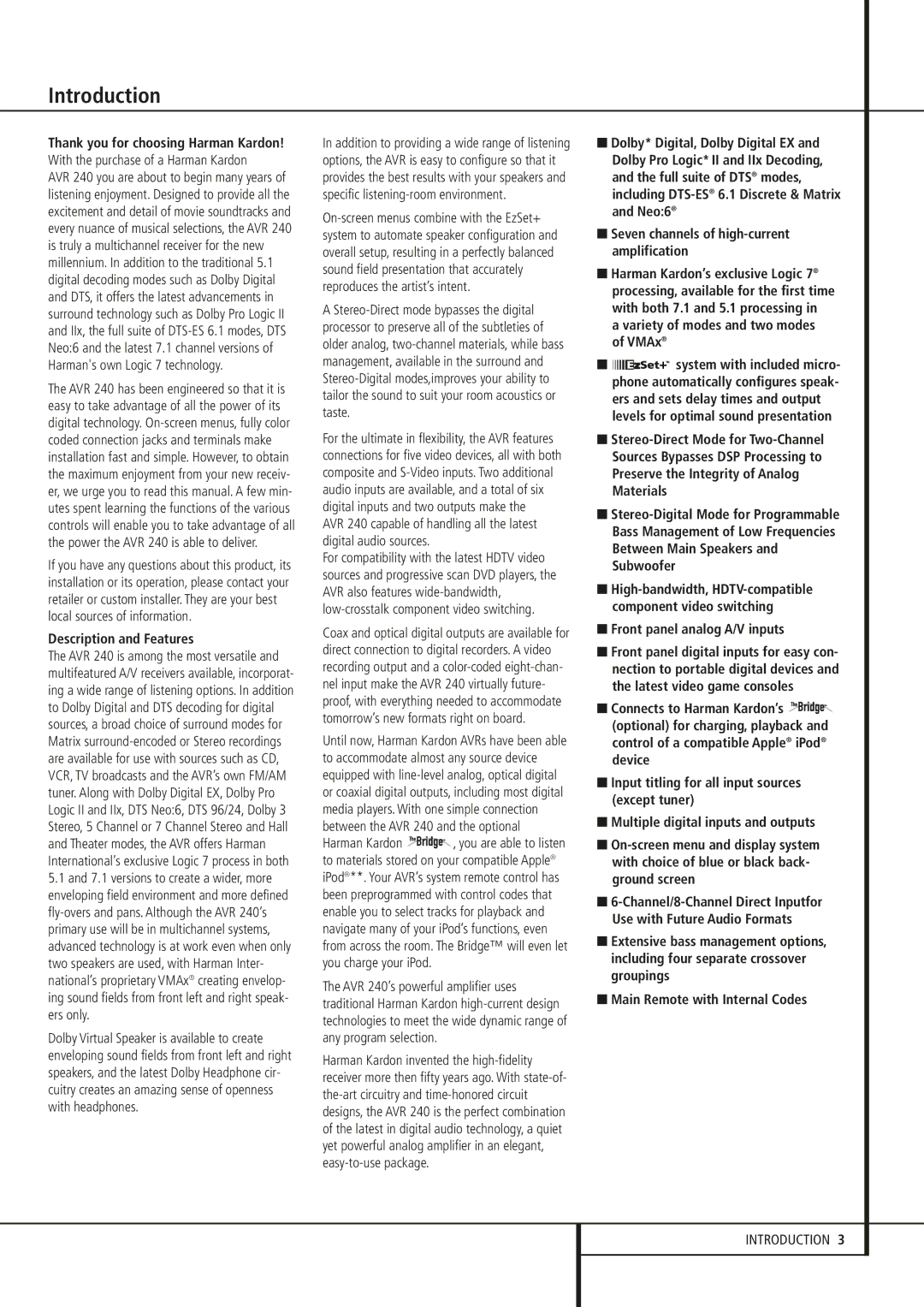 Harman-Kardon AVR 240 owner manual Introduction, Description and Features, Variety of modes and two modes of VMAx 