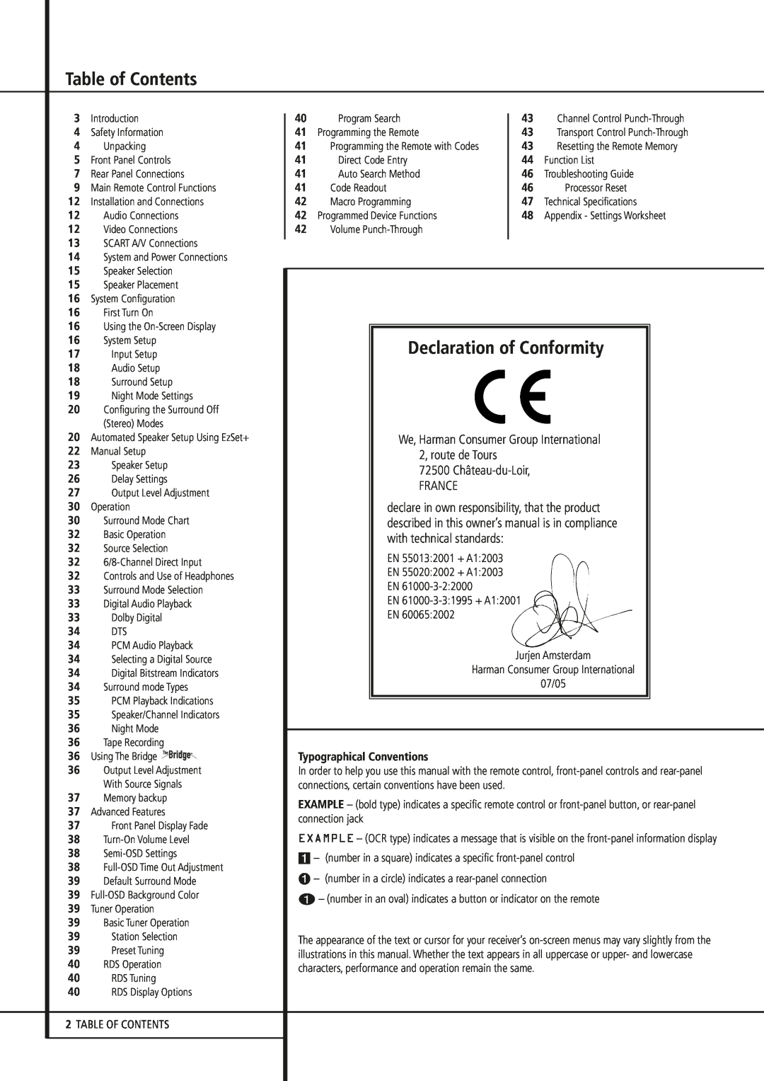 Harman-Kardon AVR 240 owner manual Table of Contents, Declaration of Conformity, We, Harman Consumer Group International 