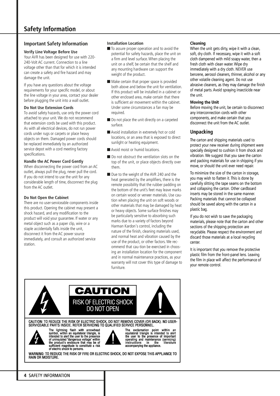 Harman-Kardon AVR 240 Important Safety Information, Unpacking, 4SAFETY INFORMATION, Verify Line Voltage Before Use 
