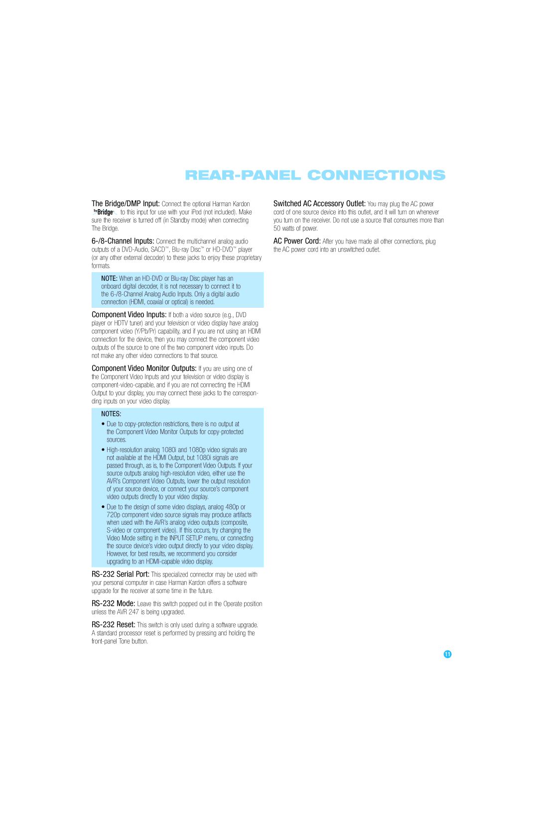 Harman-Kardon AVR 247 owner manual REAR-PANEL Connections 