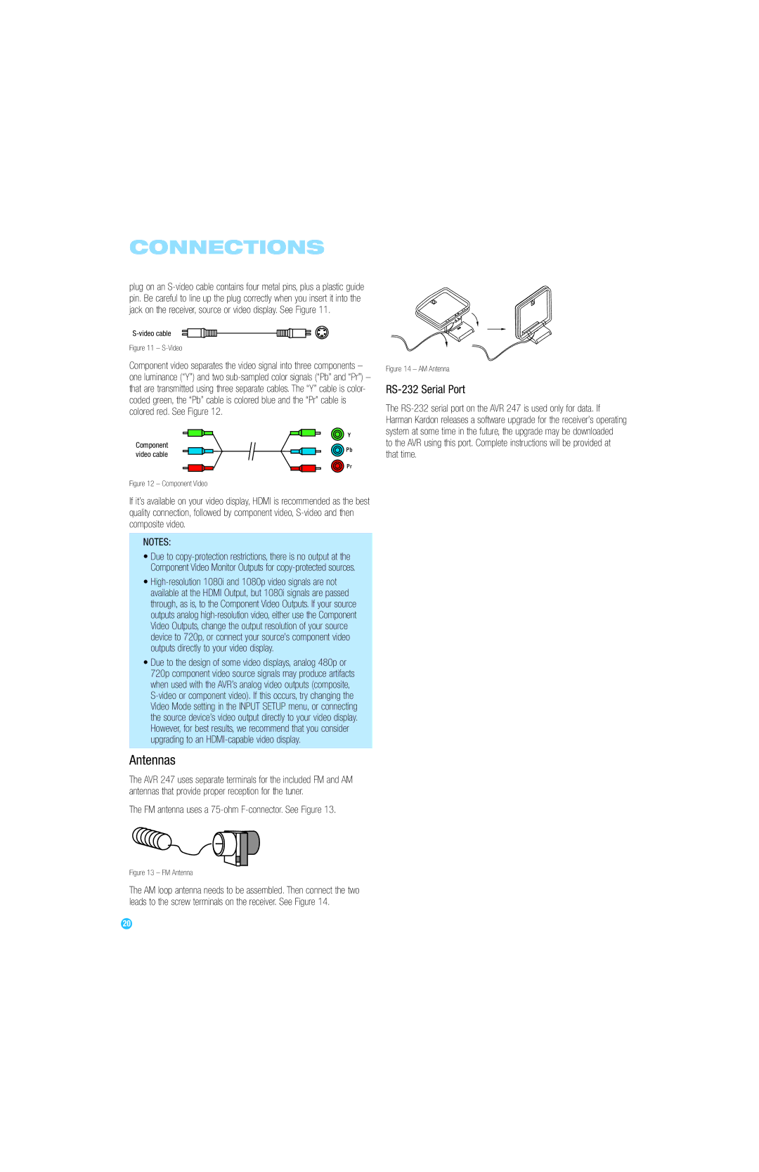 Harman-Kardon AVR 247 owner manual Antennas, RS-232 Serial Port, FM antenna uses a 75-ohm F-connector. See Figure 