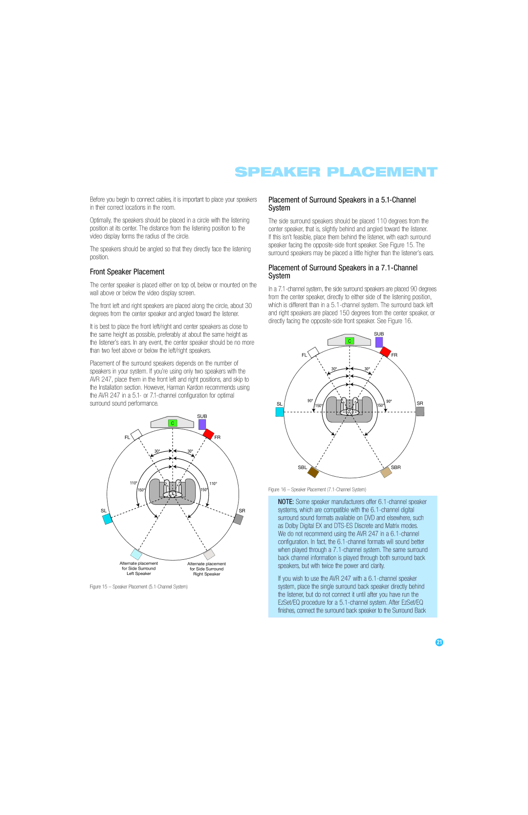 Harman-Kardon AVR 247 owner manual Placement of Surround Speakers in a 5.1-Channel System, Front Speaker Placement 