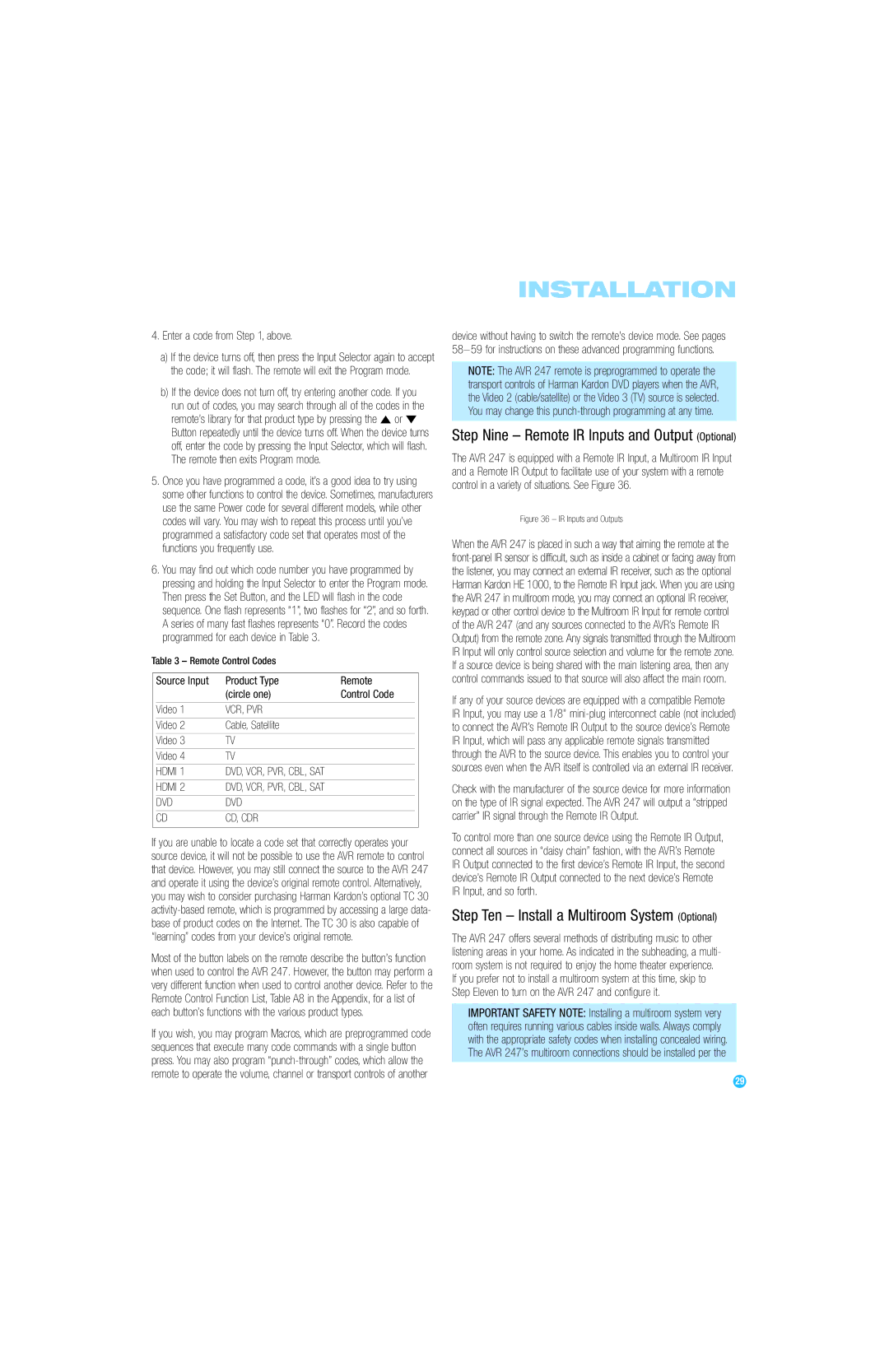 Harman-Kardon AVR 247 Step Ten Install a Multiroom System Optional, Enter a code from , above, Video Cable, Satellite 