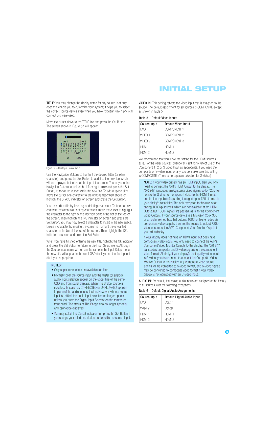 Harman-Kardon AVR 247 owner manual Only upper case letters are available for titles, Source Input Default Video Input, Coax 