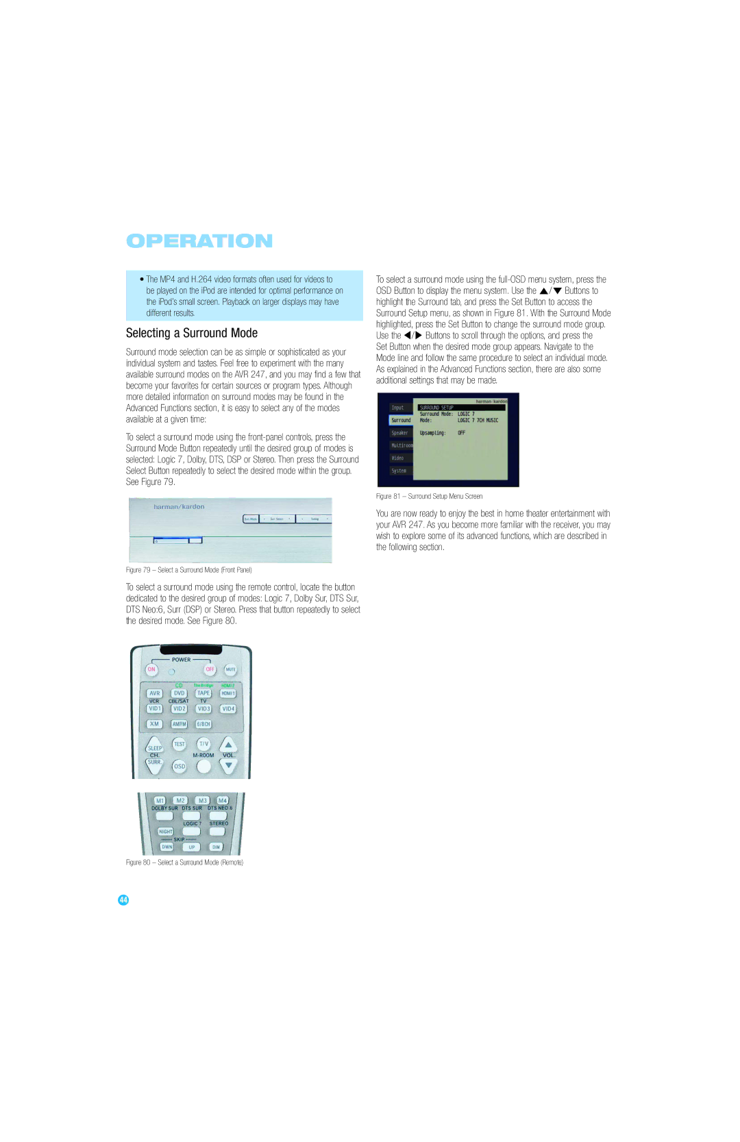 Harman-Kardon AVR 247 owner manual Selecting a Surround Mode 