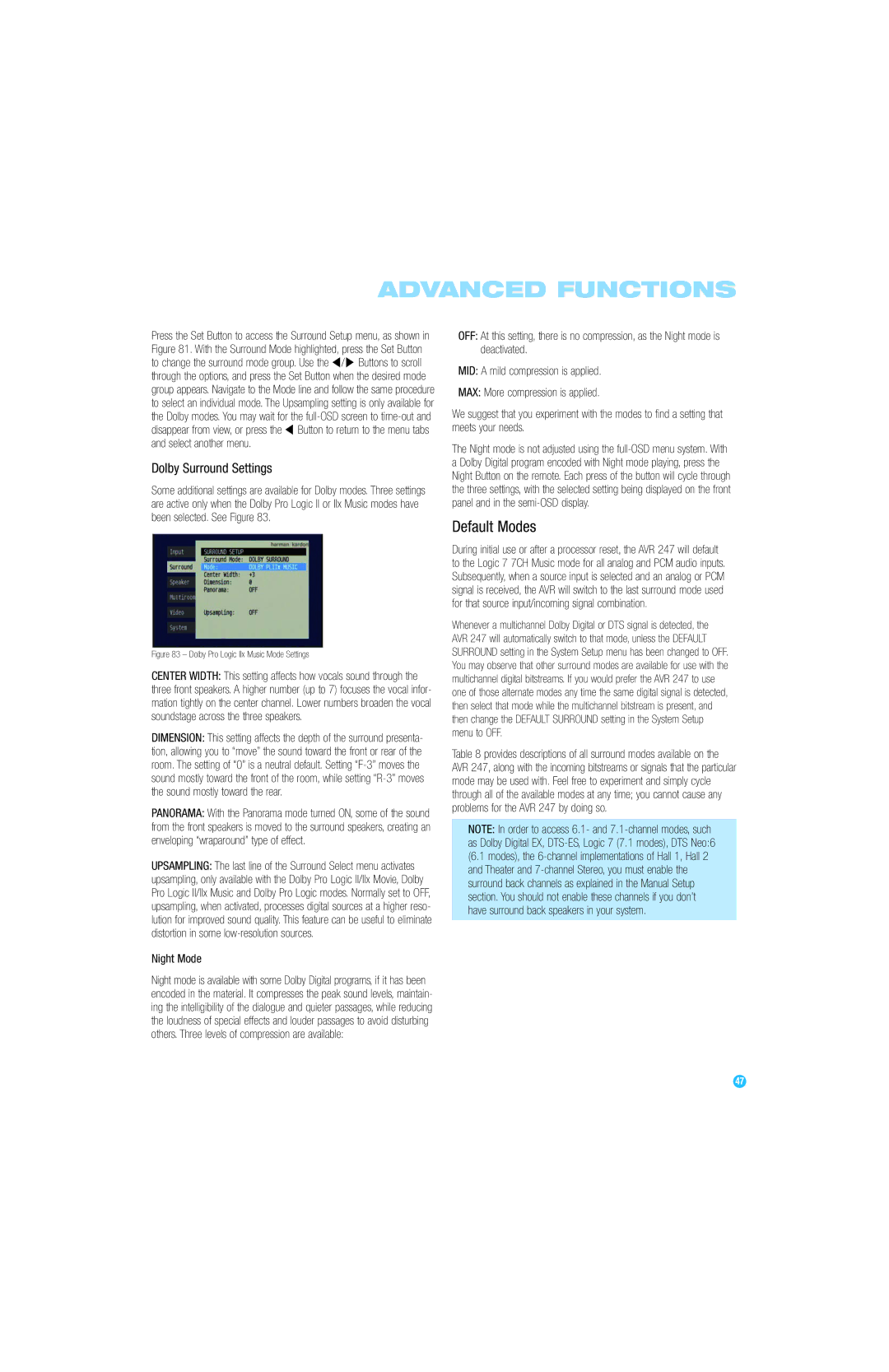 Harman-Kardon AVR 247 owner manual Default Modes, Dolby Surround Settings, Night Mode 