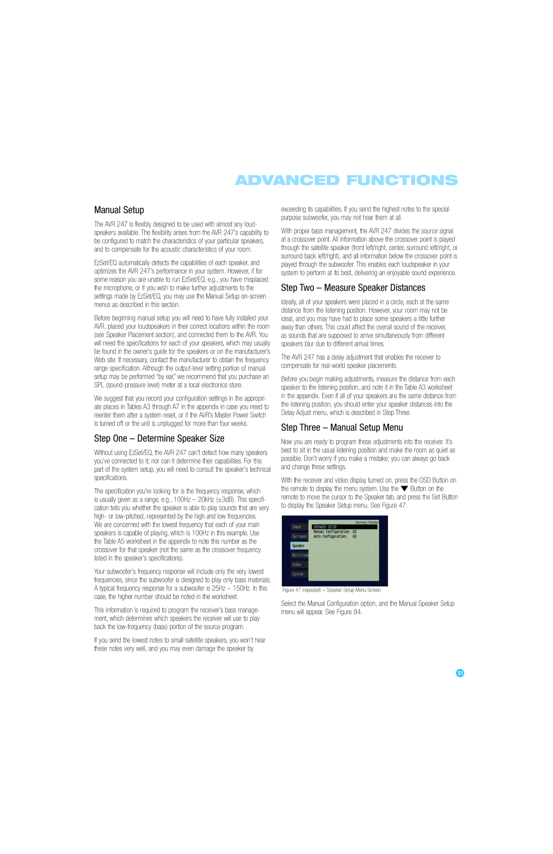 Harman-Kardon AVR 247 owner manual Manual Setup, Step One Determine Speaker Size, Step Two Measure Speaker Distances 