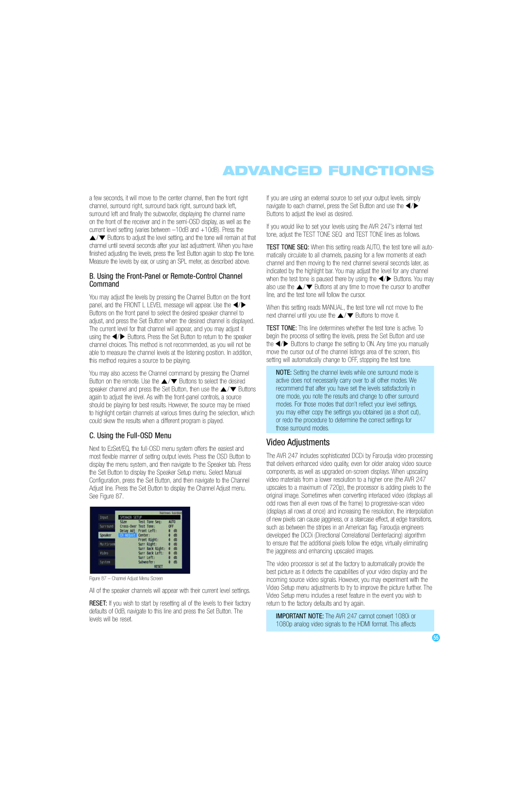 Harman-Kardon AVR 247 Video Adjustments, Using the Front-Panel or Remote-Control Channel Command, Using the Full-OSD Menu 