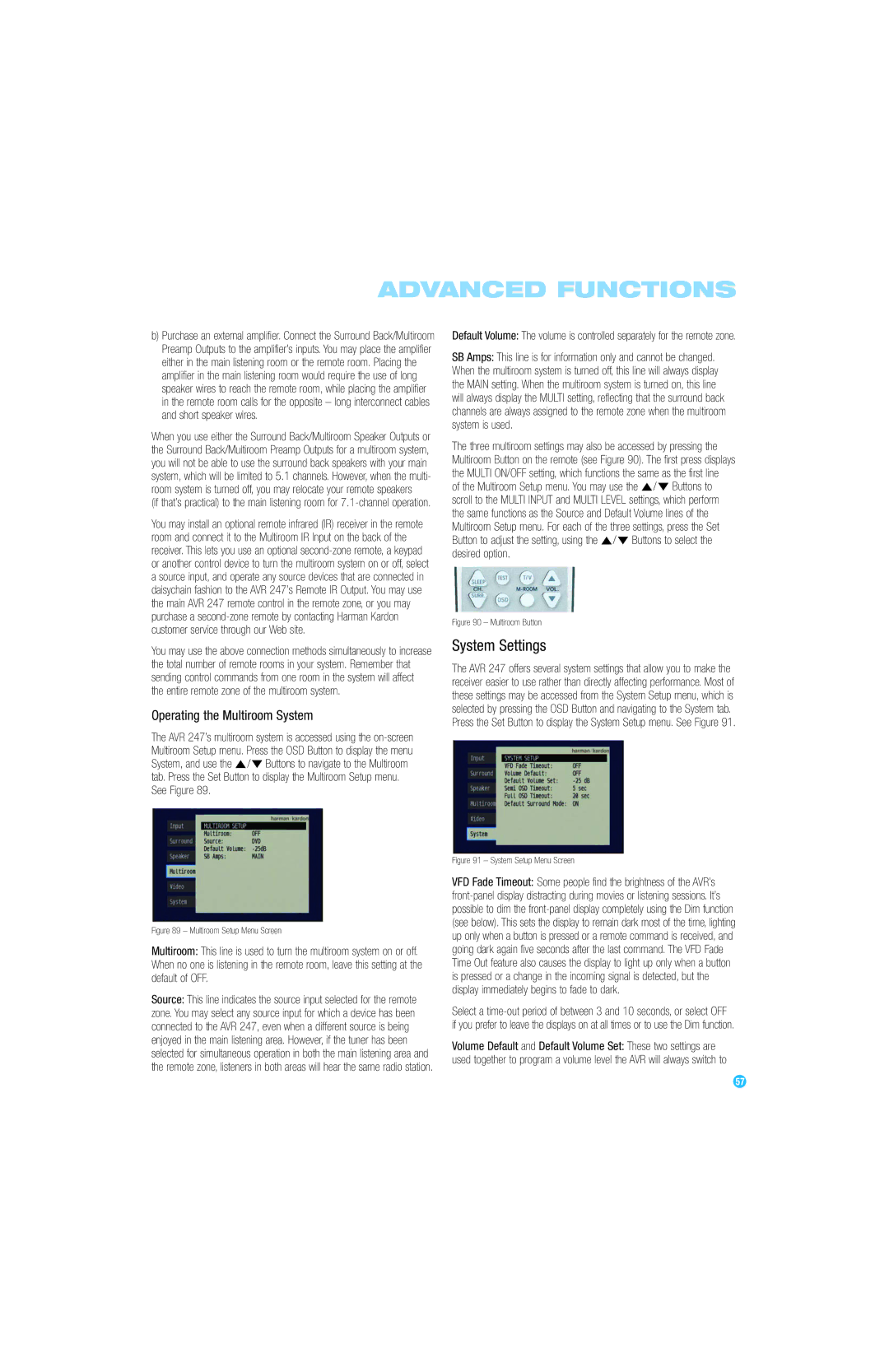 Harman-Kardon AVR 247 owner manual System Settings, Operating the Multiroom System 