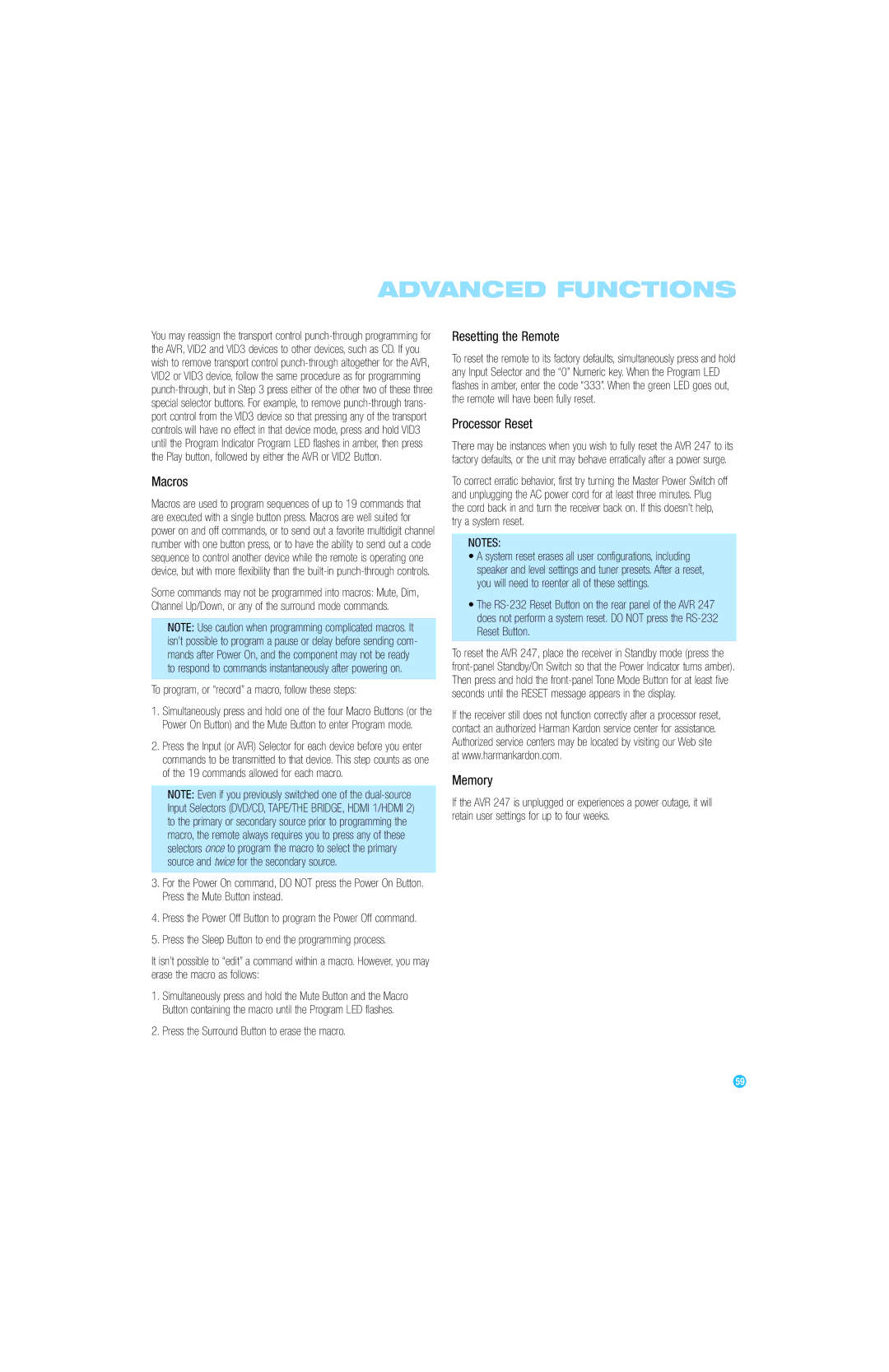 Harman-Kardon AVR 247 owner manual Macros, Resetting the Remote, Processor Reset, Memory 