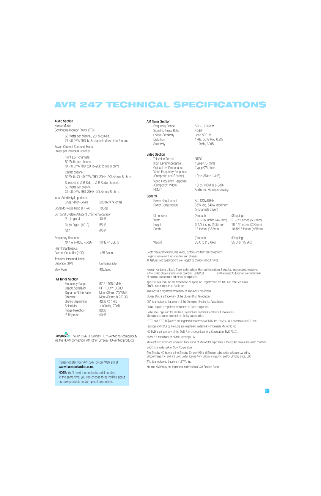 Harman-Kardon owner manual AVR 247 Technical Specifications, Dts 