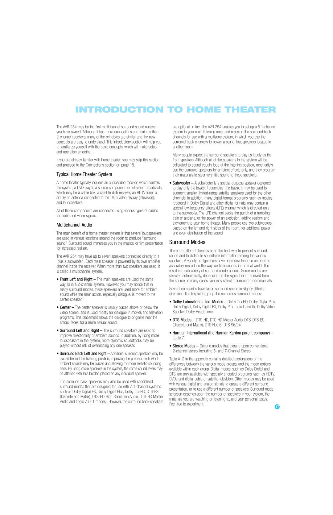 Harman-Kardon AVR 254 Introduction to Home Theater, Surround Modes, Typical Home Theater System, Multichannel Audio 