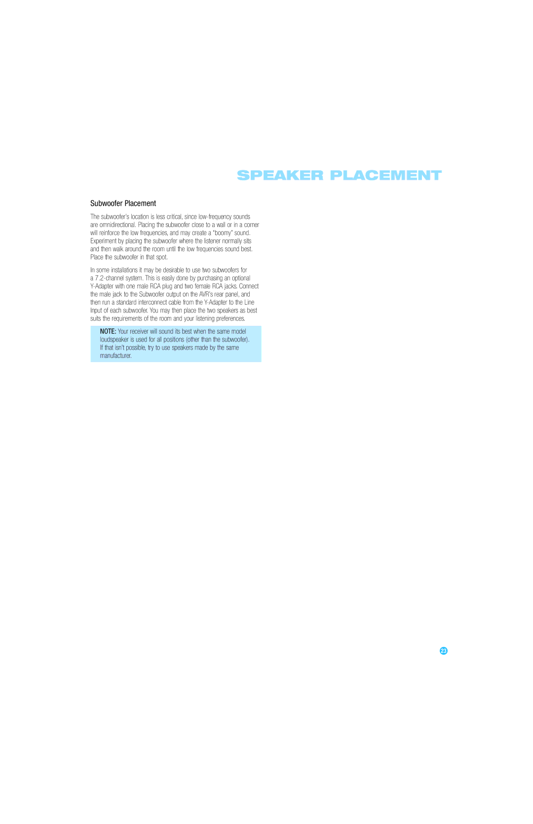 Harman-Kardon AVR 254 owner manual Subwoofer Placement 