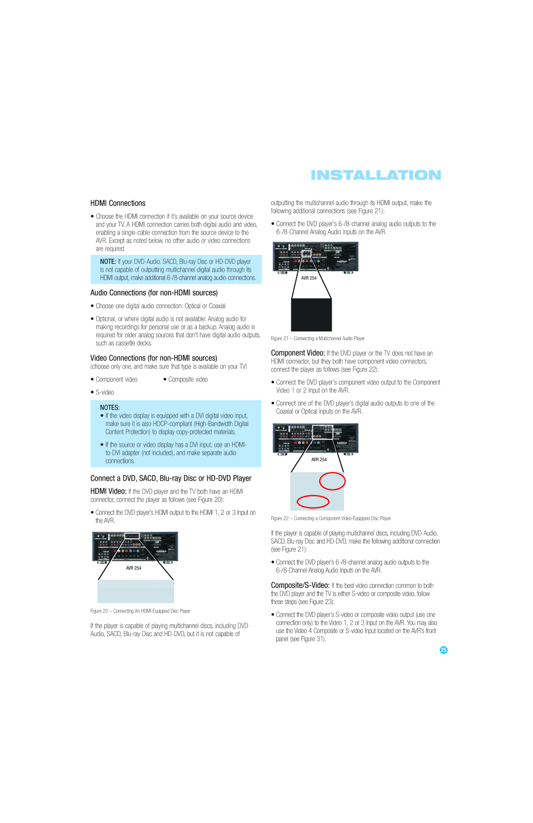 Harman-Kardon AVR 254 Hdmi Connections, Audio Connections for non-HDMI sources, Video Connections for non-HDMI sources 