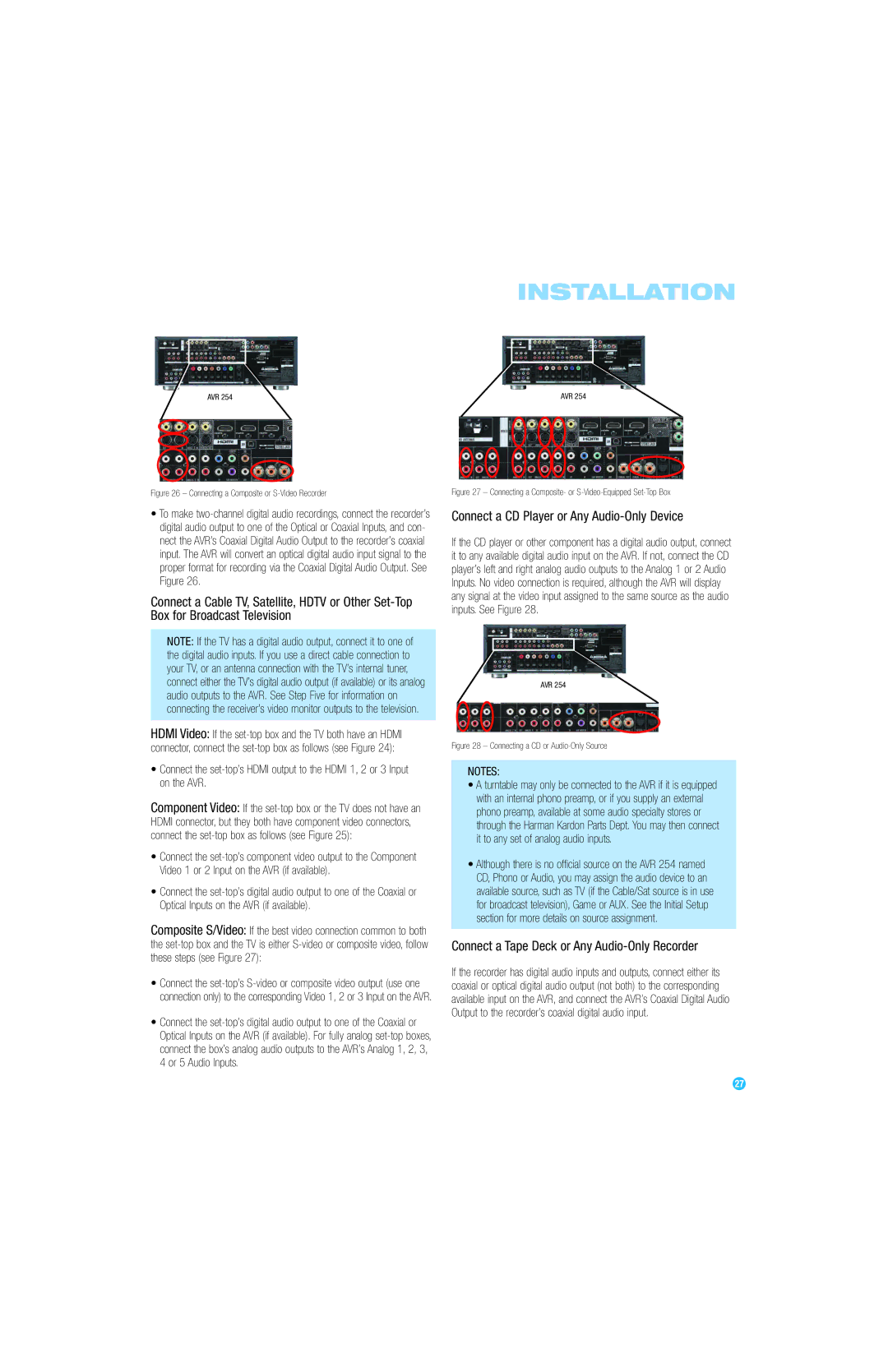 Harman-Kardon AVR 254 Connect a CD Player or Any Audio-Only Device, Connect a Tape Deck or Any Audio-Only Recorder 